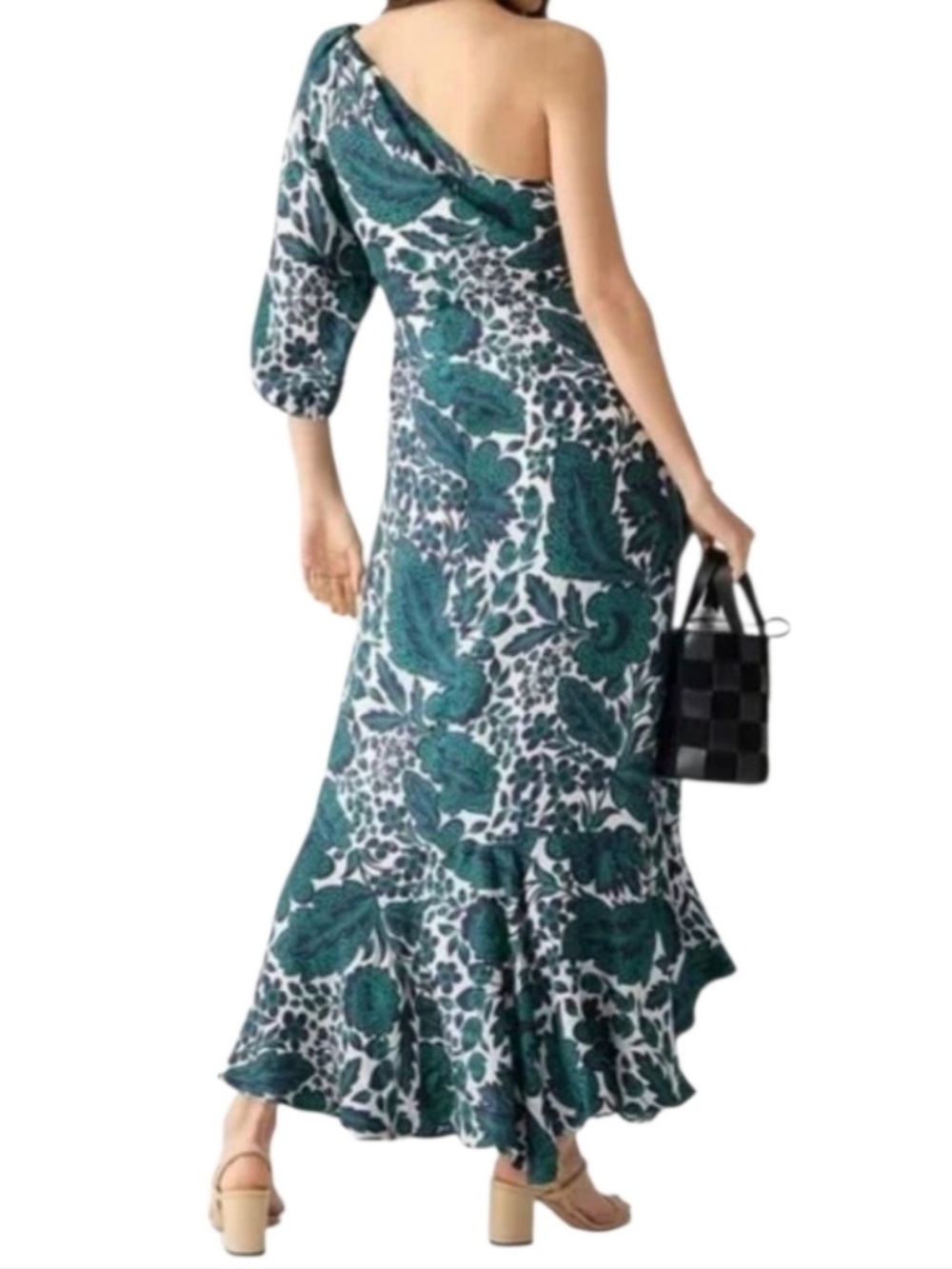 J. Crew Silky One Shoulder Ruffle Hem Dress Size 24 Emerald Navy Floral Formal - Picture 6 of 16